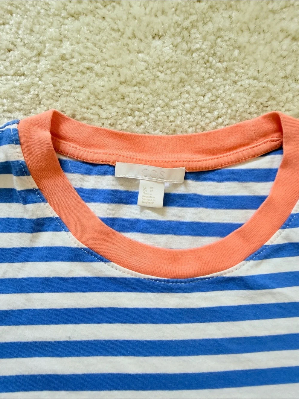 COS Blue & White Striped Tee with Coral Neck